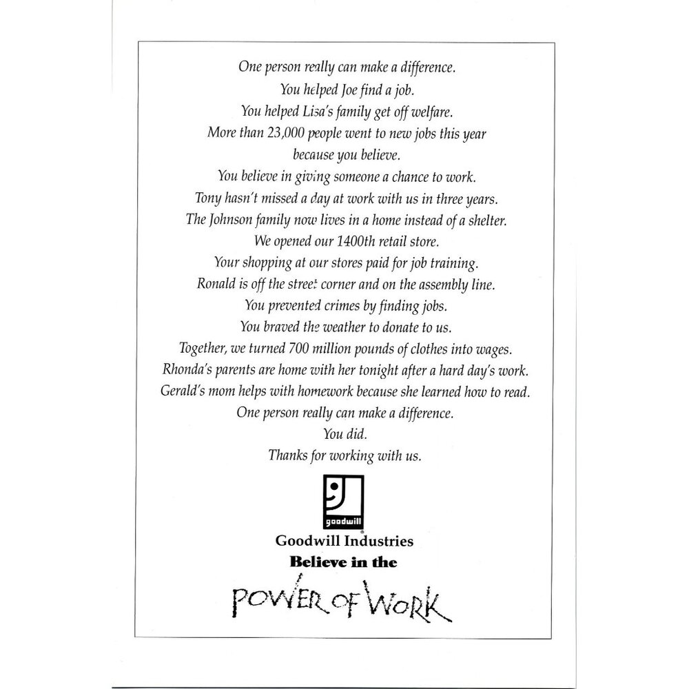 Goodwill Industry  1995 Vintage Print Ad Power of Work u Original